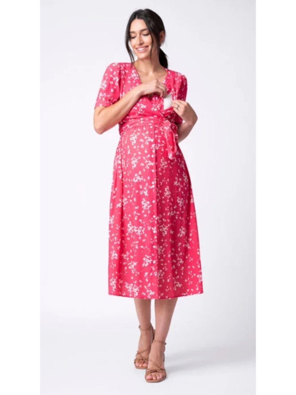 Seraphine Sanna Button Down Nursing Wrap Midi Dress Raspberry Floral 8 Maternity